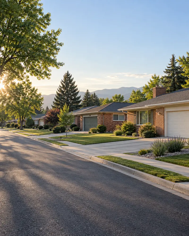 Generic southwest Denver-style tree-lined street with brick ranches and garage doors