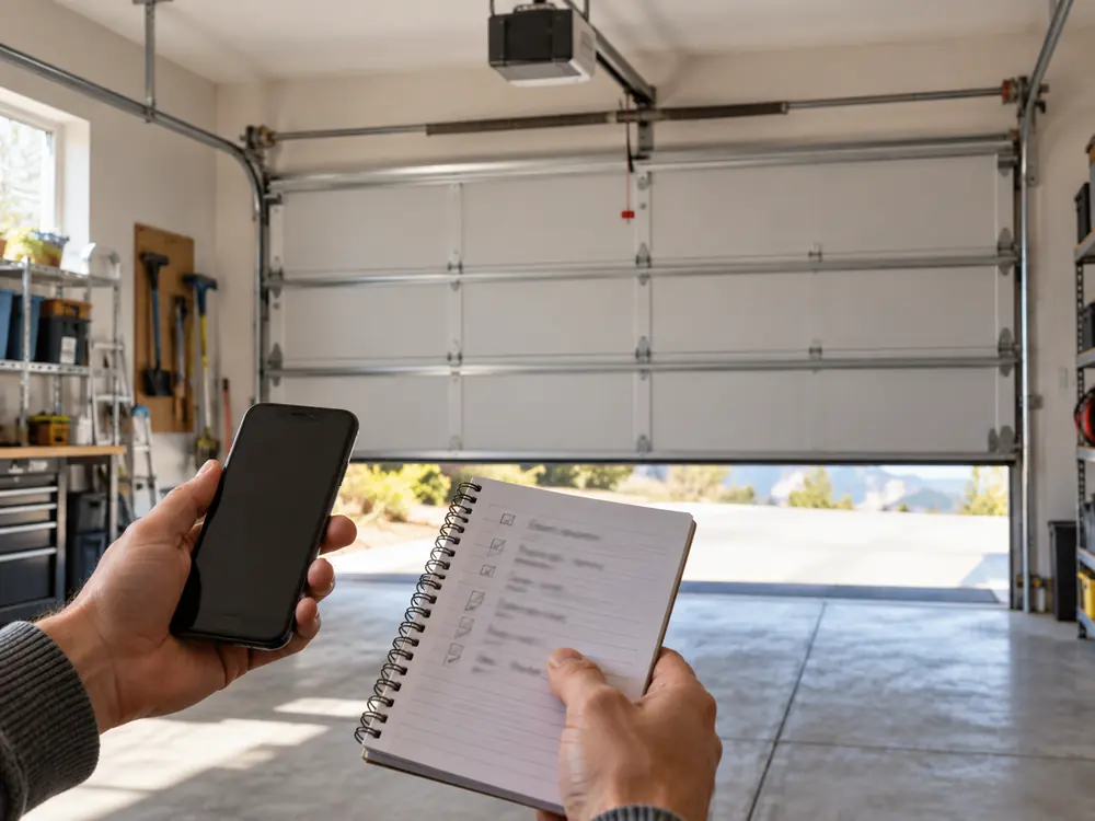 Hands holding a phone and a blurred checklist inside a garage with a door and opener behind