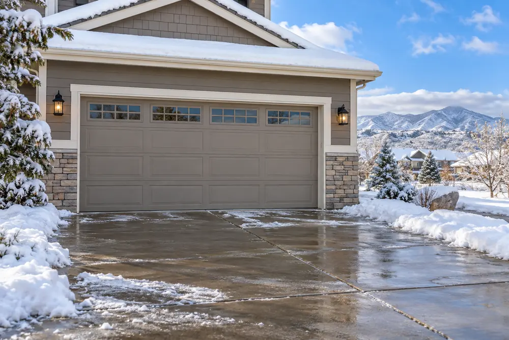 Colorado suburban garage after a spring snowstorm with wet driveway and distant foothills