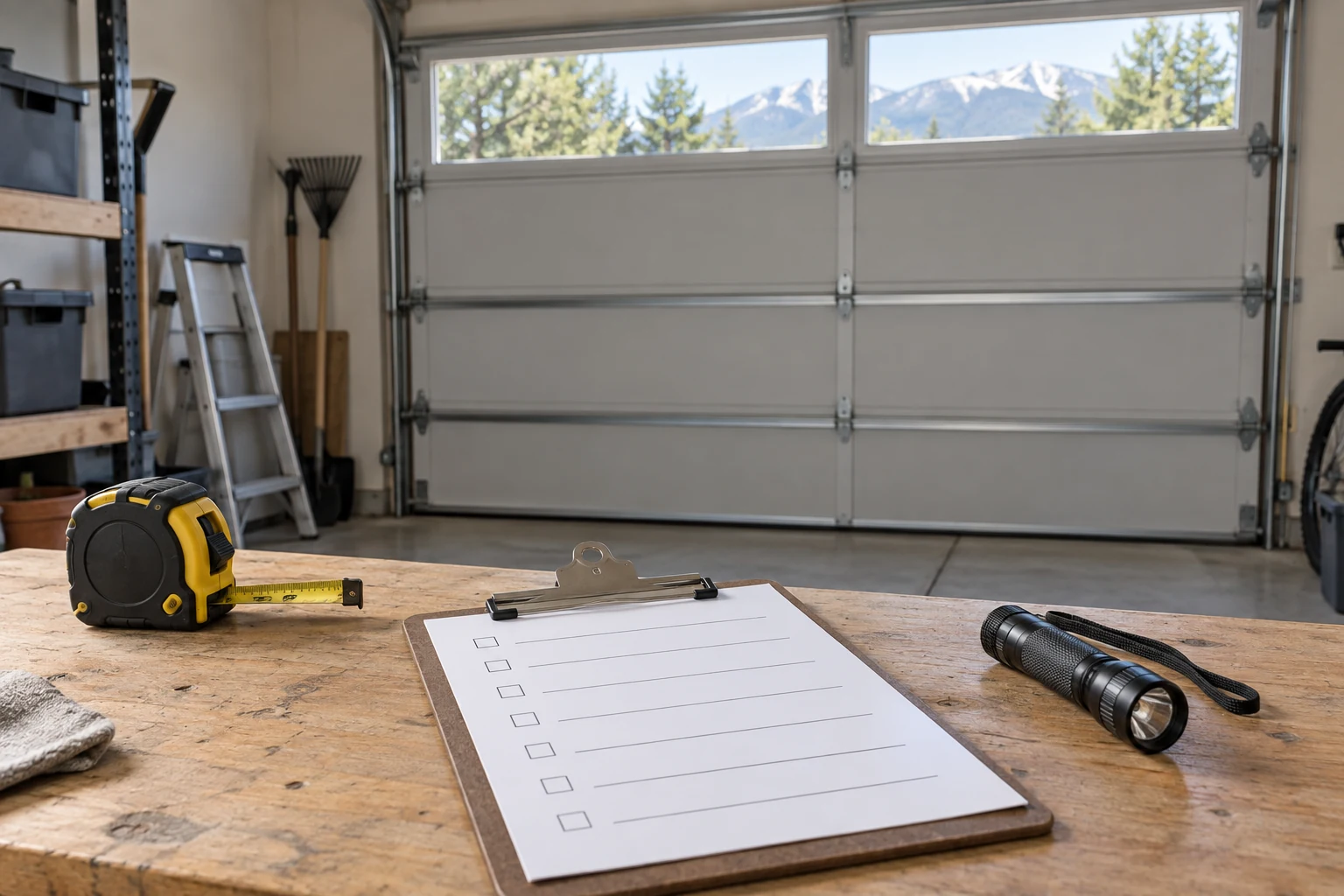 Illustrative blank garage door inspection checklist next to unbranded hand tools