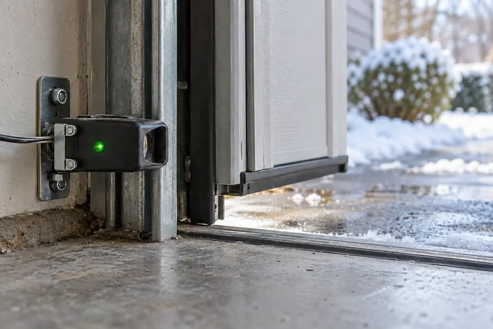 Garage door safety sensor near the floor with a small indicator light and melting snow outside