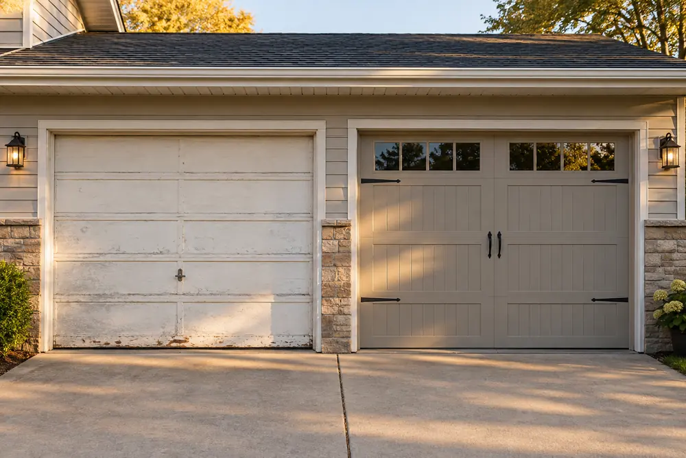 Older faded single-car steel door beside a newer insulated carriage-style door on a Colorado driveway
