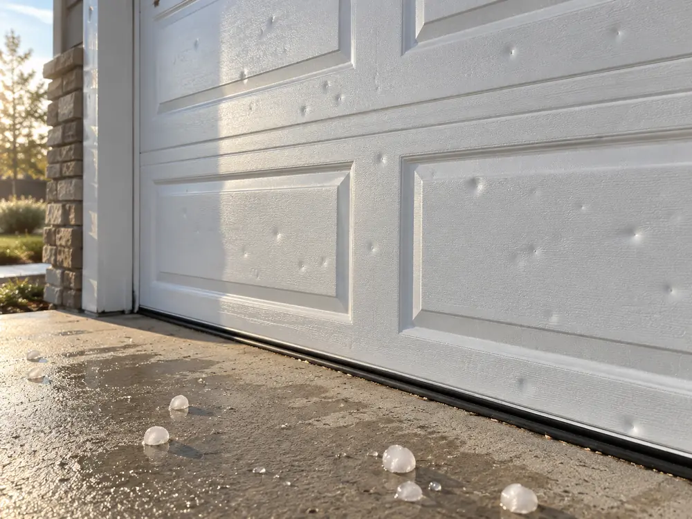 White garage door with small hail dents and melting hailstones on a Colorado concrete apron