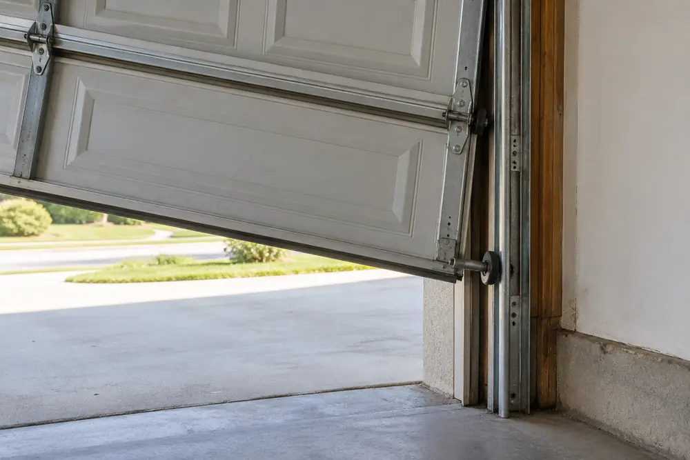 off-track door repair scene on an unbranded garage door in a Colorado home
