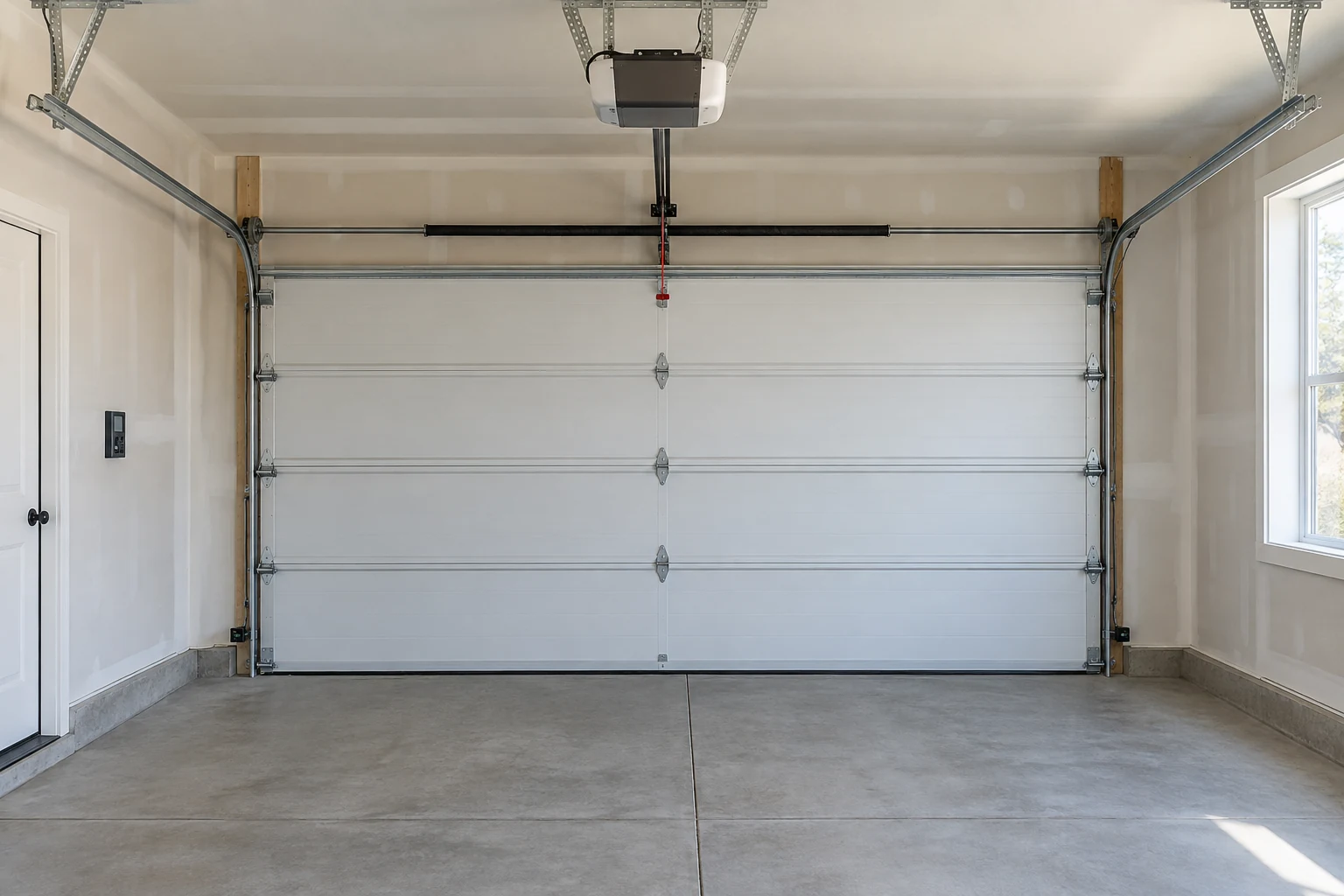 Illustrative unbranded garage door opener mounted above an ordinary residential door