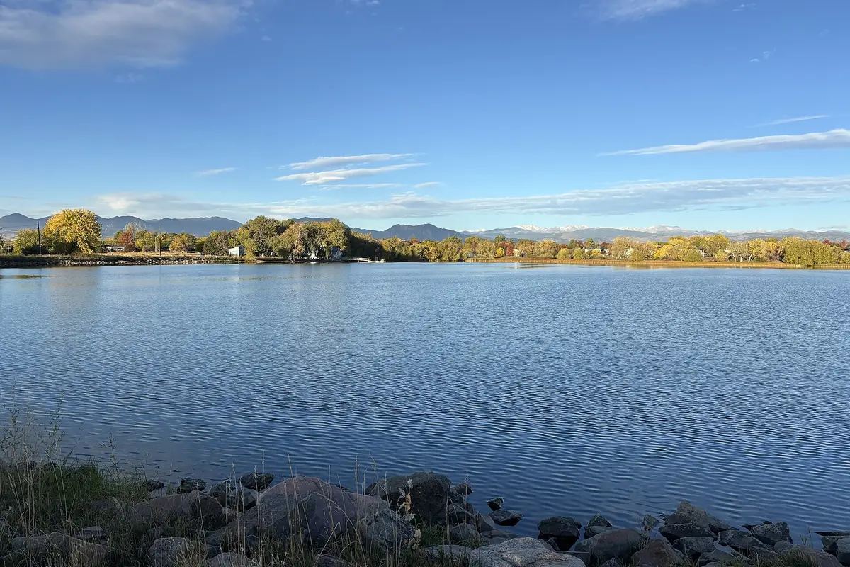 Waneka Lake with the Front Range beyond, in Lafayette, Colorado